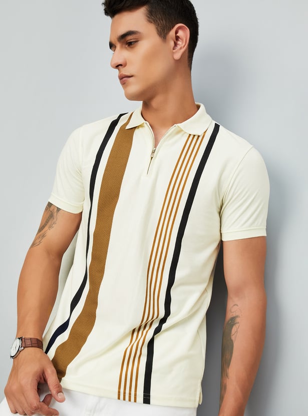 Men Slim Fit Striped Zipper Polo T-shirt