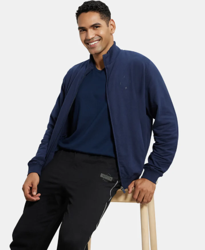 Super Combed Cotton French Terry Jacket with Ribbed Cuffs - Navy