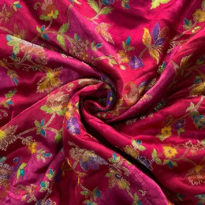 Magenta Floral Embroidered Satin Fabric -44 inch